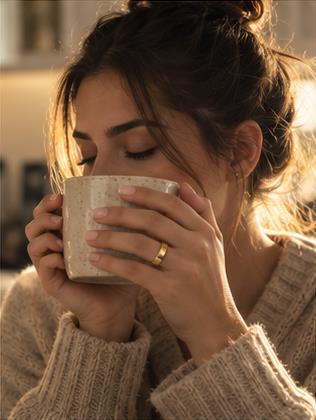 Femme portant la bague SAYORA en or, tenant un café le matin